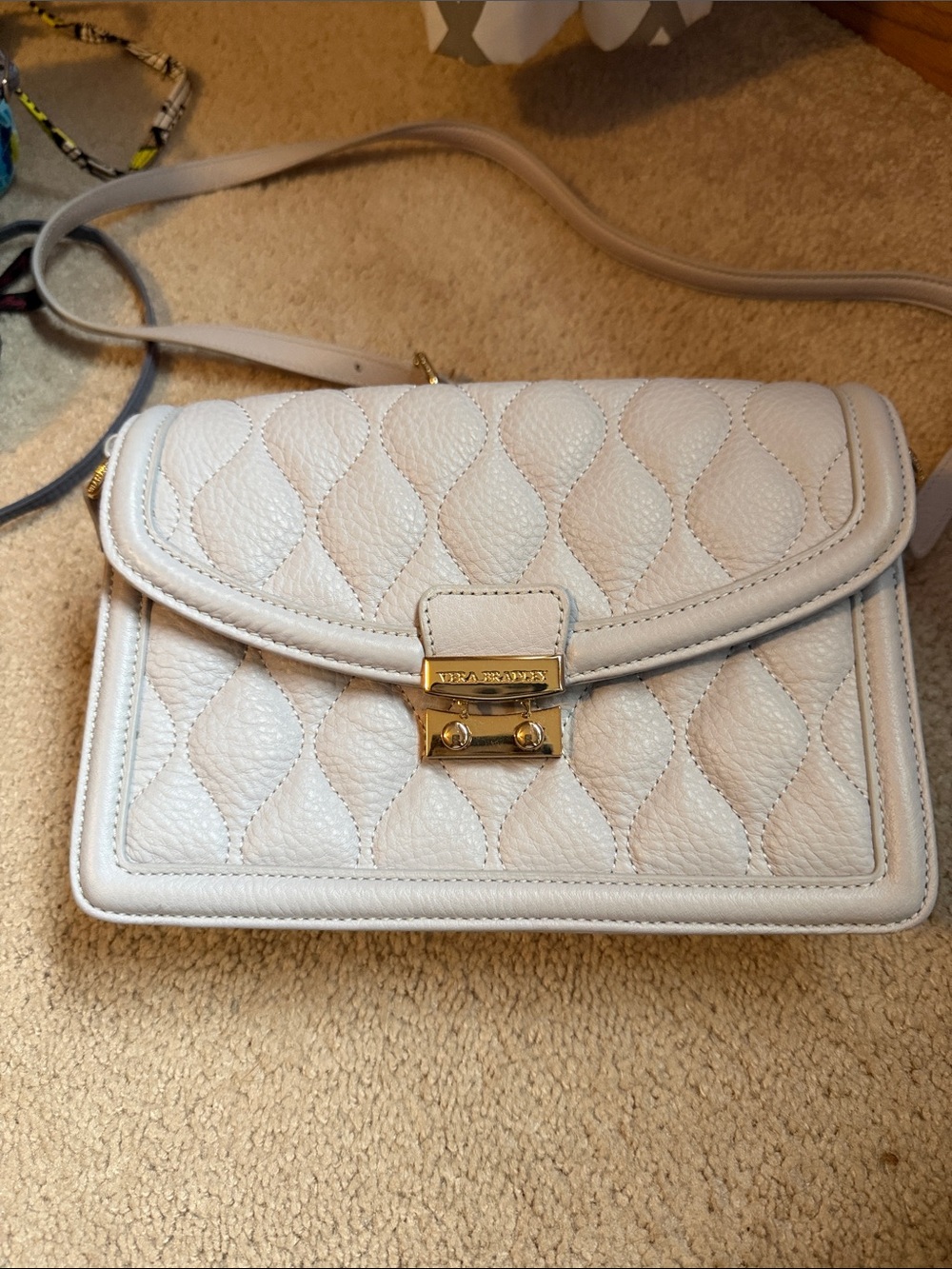 Vera Bradley Quilted Cream Leather Crossbody with Gold Hardware